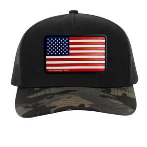 STATE PATRIOT SNAPBACK BLACK CAMO BRIM Trucker Hat with Mesh Back and Camo Brim.